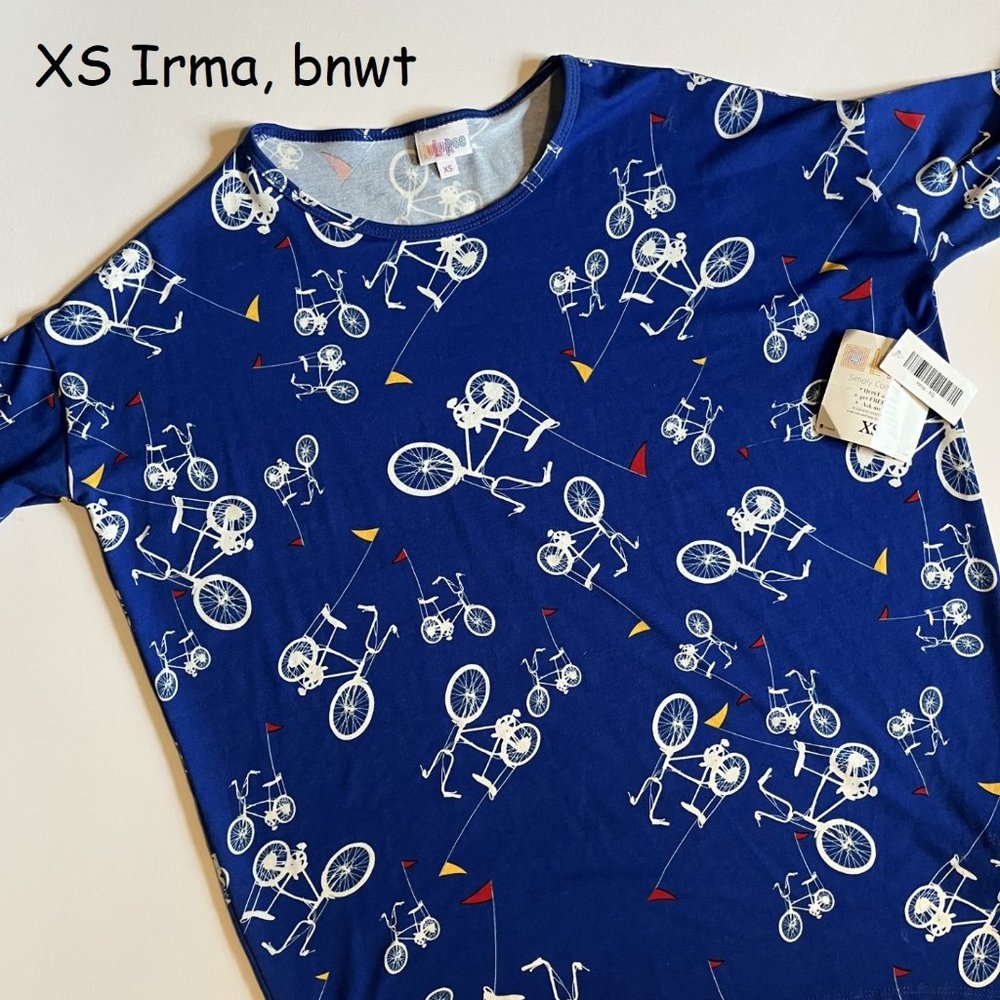 XS Lularoe Irma oversized tunic, blue with bicycles
